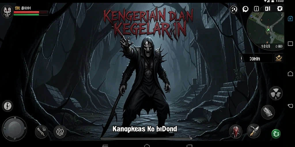 Screenshot utama 8HHH menunjukkan suasana menyeramkan dalam gameplay.