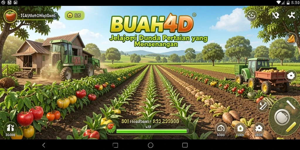 Screenshot permainan BUAH4D menampilkan kebun yang subur dengan beragam buah.