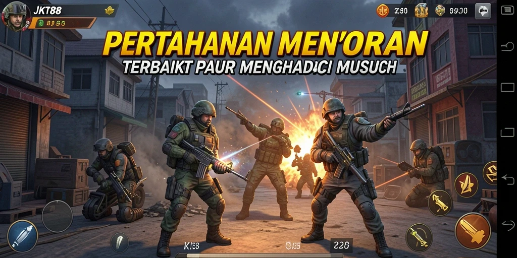 Gameplay JKT88 menampilkan pertarungan menara melawan gelombang musuh.
