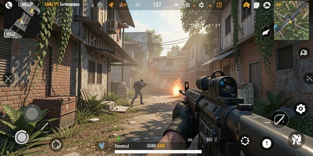 Screenshot gameplay LMBAJP menampilkan aksi tembak-menembak yang intens.
