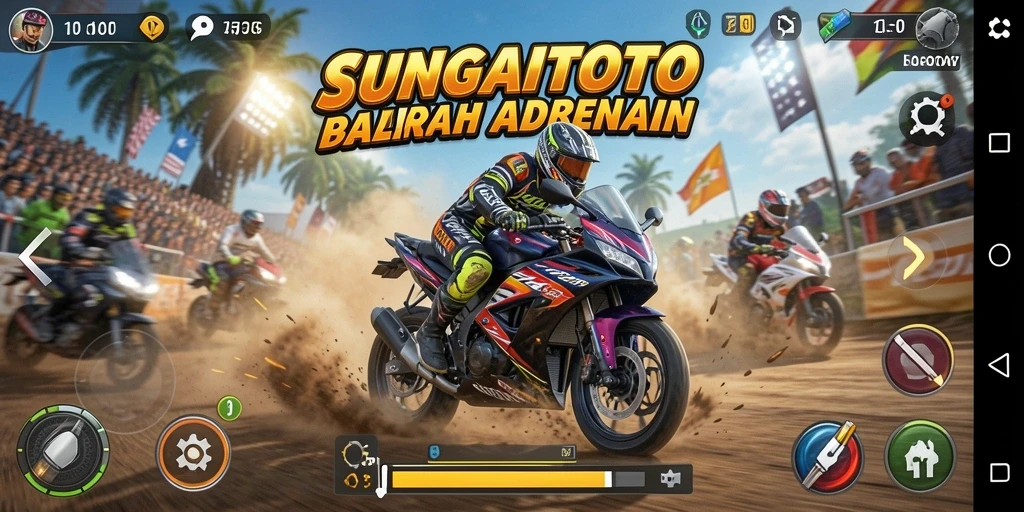 Tampilan gameplay menegangkan dari SUNGAITOTO saat balapan motor.